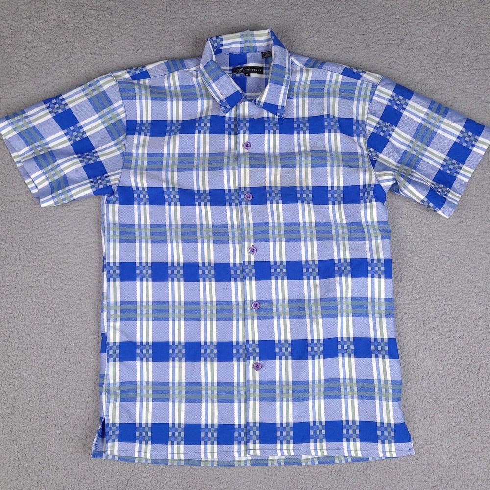 Montique Shirt Mens Medium Blue Plaid‎ Button Down Short Sleeve
